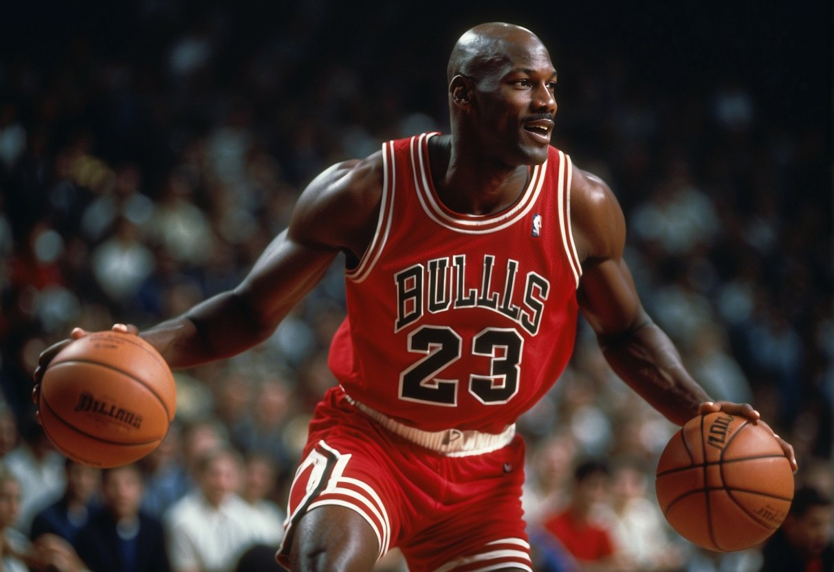 How Tall is Michael Jordan: Michael Jordan in action on the basketball court, dominating the game with his height and skill