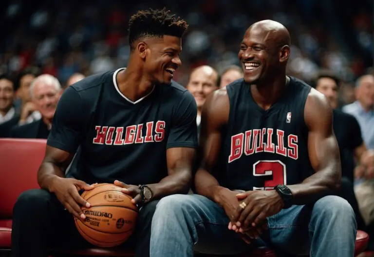 Jimmy Butler Michael Jordan: Jimmy Butler and Michael Jordan sitting courtside, sharing a laugh. Trophies and awards line the walls, symbolizing their rise to stardom