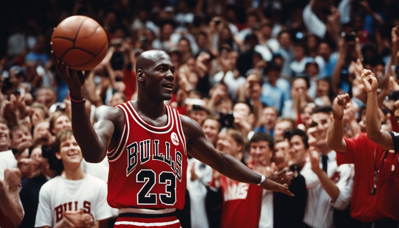 A young Michael Jordan in a Chicago Bulls jersey, holding a basketball, surrounded by cheering fans and flashing cameras