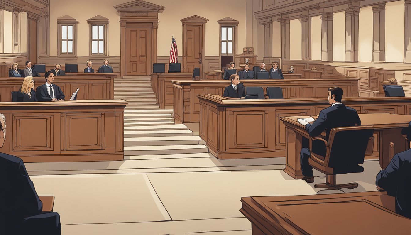 A courtroom with two individuals sitting across from each other, their body language tense and distant. A judge presides over the proceedings, as lawyers on both sides present their arguments