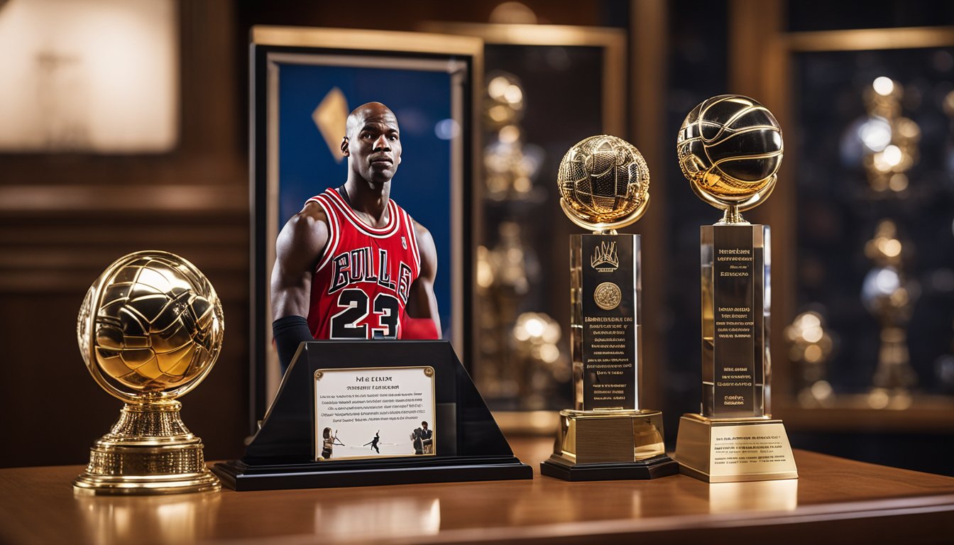 A Michael Jordan rookie card displayed in a glass case, surrounded by memorabilia and sports trophies. The card is the focal point, symbolizing his cultural impact and legacy