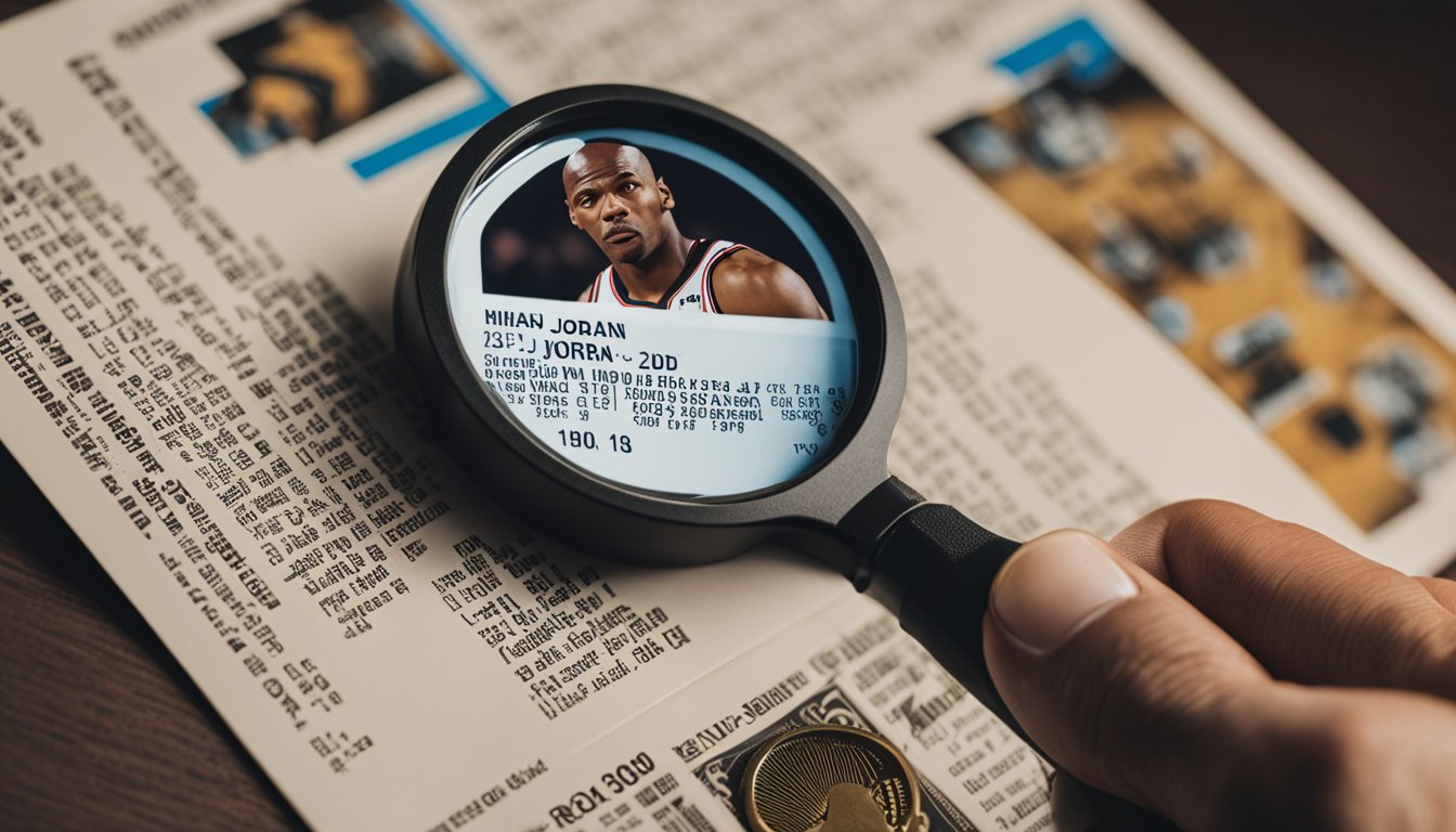 A magnifying glass hovers over a Michael Jordan rookie card, examining its details for authenticity