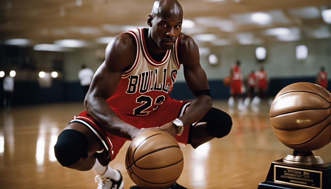 A young Michael Jordan surrounded by basketballs and trophies, practicing his dribbling skills in a dimly lit gym
