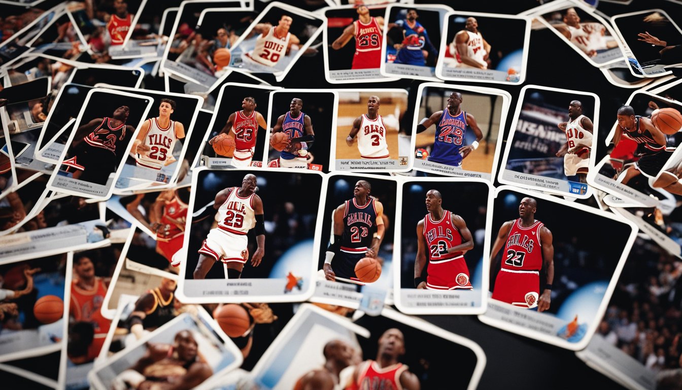 A collection of Michael Jordan basketball cards spread out on a table, with various designs and colors, showcasing his iconic career